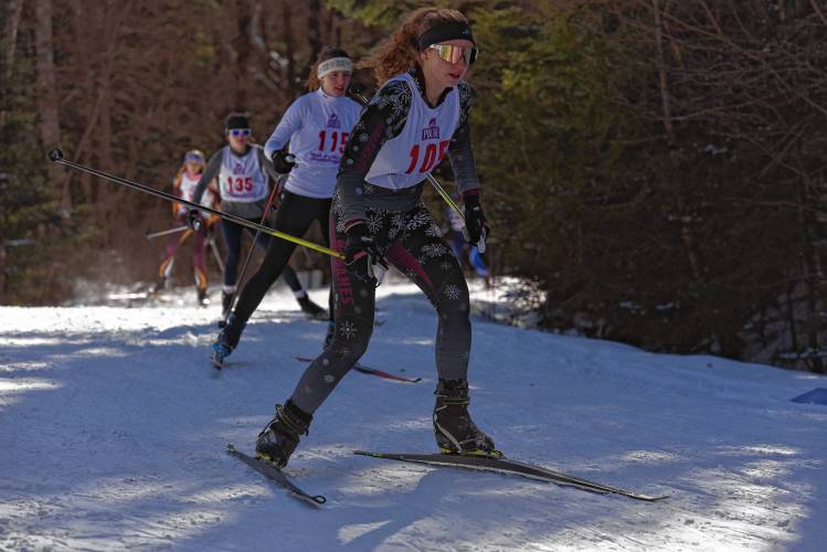 Amherst’s Addie Mager moves through the course at the MIAA Nordic Ski Championships at Prospect Mountain in Woodford, Vt. on Wednesday.