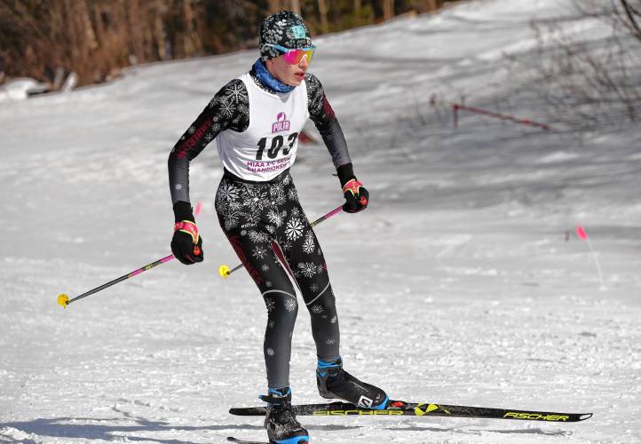 Amherst’s Ian Burns moves through the course at the MIAA Nordic Ski Championships at Prospect Mountain in Woodford, Vt. on Wednesday.