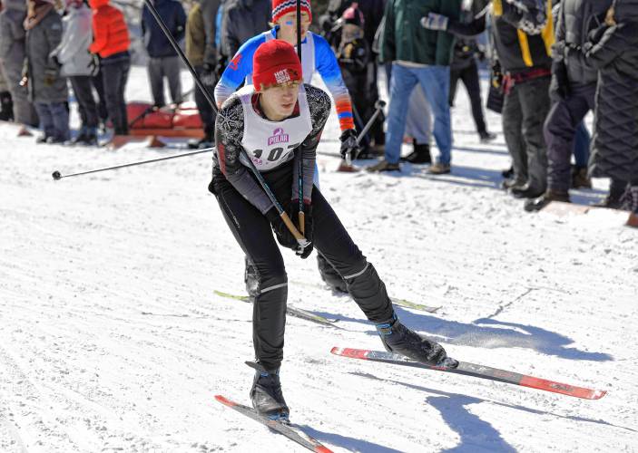 Amherst’s Emil Schein moves through the course at the MIAA Nordic Ski Championships at Prospect Mountain in Woodford, Vt. on Wednesday.