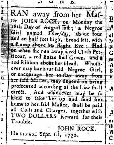 An ad in the Nova-Scotia Gaz-ette and Weekly Chronicle, Sept.1, 1772, vol. 3, no. 105.
