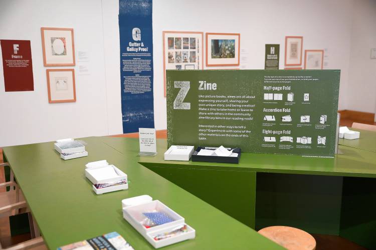 A make-your-own zine station at “Alphabet Soup: How Picture Books Are Made, From A to Z” at the Eric Carle Museum of Picture Book Art.