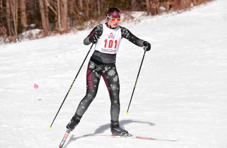 Amherst’s Elizabeth Sawicki moves through the course at the MIAA Nordic Ski Championships at Prospect Mountain in Woodford, Vt. on Wednesday.