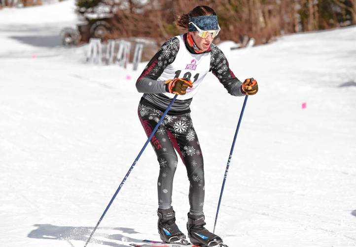 Amherst’s Julian Camera moves through the course at the MIAA Nordic Ski Championships at Prospect Mountain in Woodford, Vt. on Wednesday.