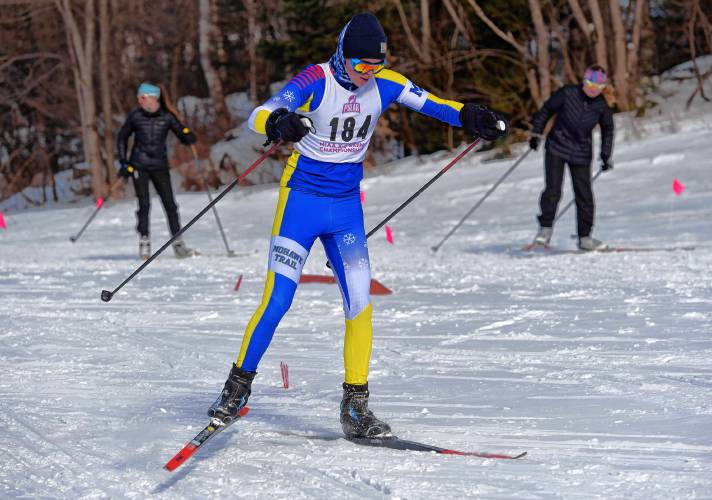 Mohawk Trail’s Curtis Casey moves through the course at the MIAA Nordic Ski Championships at Prospect Mountain in Woodford, Vt. on Wednesday.