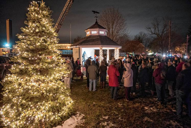 A live tree is lit to begin the second annual Celebration of Lights at Hopkins Memorial Park gazebo in Hadley in 2018.