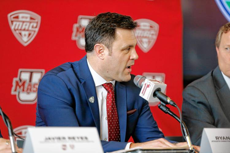 UMass Director of Athletics Ryan Bamford speaks during a press conference at the Martin Jacobson Football Performance Center on Thursday regarding the University of Massachusetts joining the Mid-American Conference.