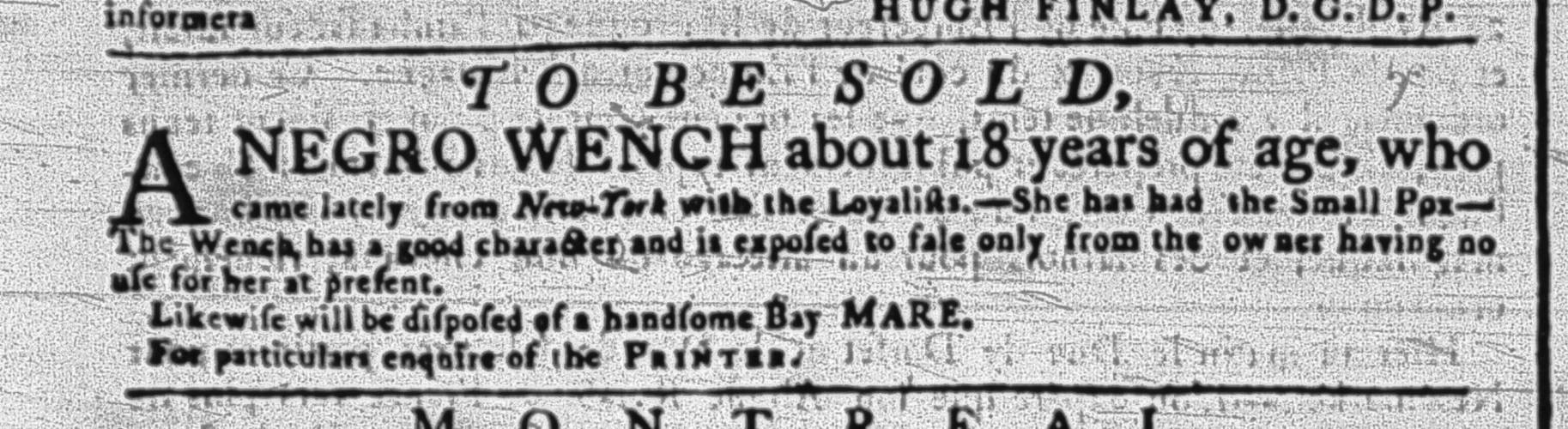 An advertisement in the Quebec Gazette, Nov. 6, 1783, vol. 950, p. 2. (Anonymous)
