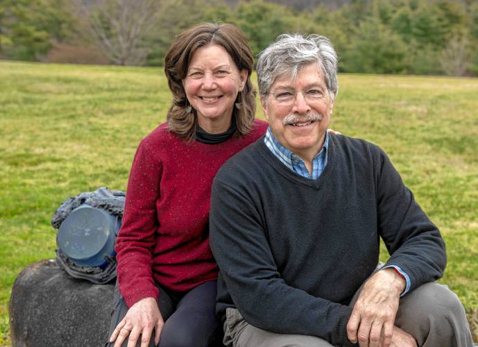 Josh Simpson and his wife, Cady Coleman, outside their Shelburne Falls home. Simpson, a finalist for the 2024 Valley Voices Story Slam crown, and 11 others will tell their tales at Northampton’s Academy of Music on April 13.