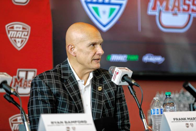 UMass men’s basketball head coach Frank Martin speaks during a press conference at the Martin Jacobson Football Performance Center last  Thursday regarding the University of Massachusetts joining the Mid-American Conference.