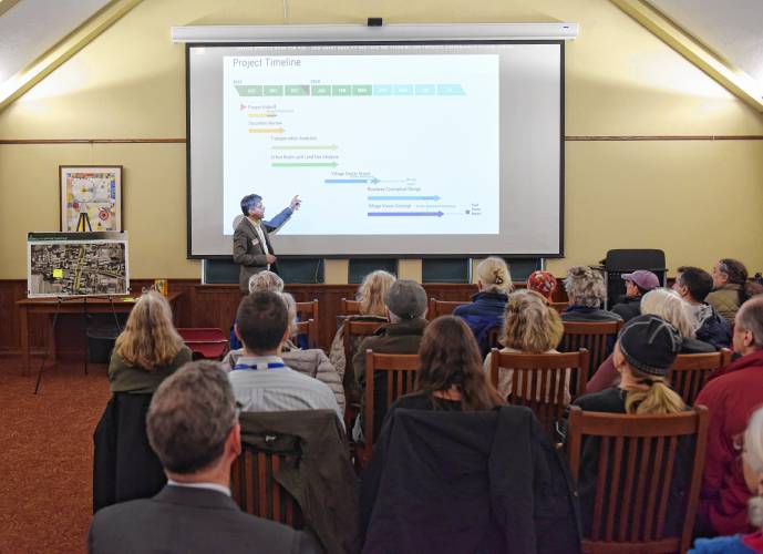 Jason Schreiber of Stantec presents possible redesign scenarios for the center of Sunderland at the Sunderland Public Library on Thursday.